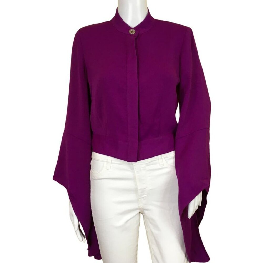 Pre-Owned Ramy Brook Women's Blouse Long Bell Sleeves High Neck Purple Sz 4